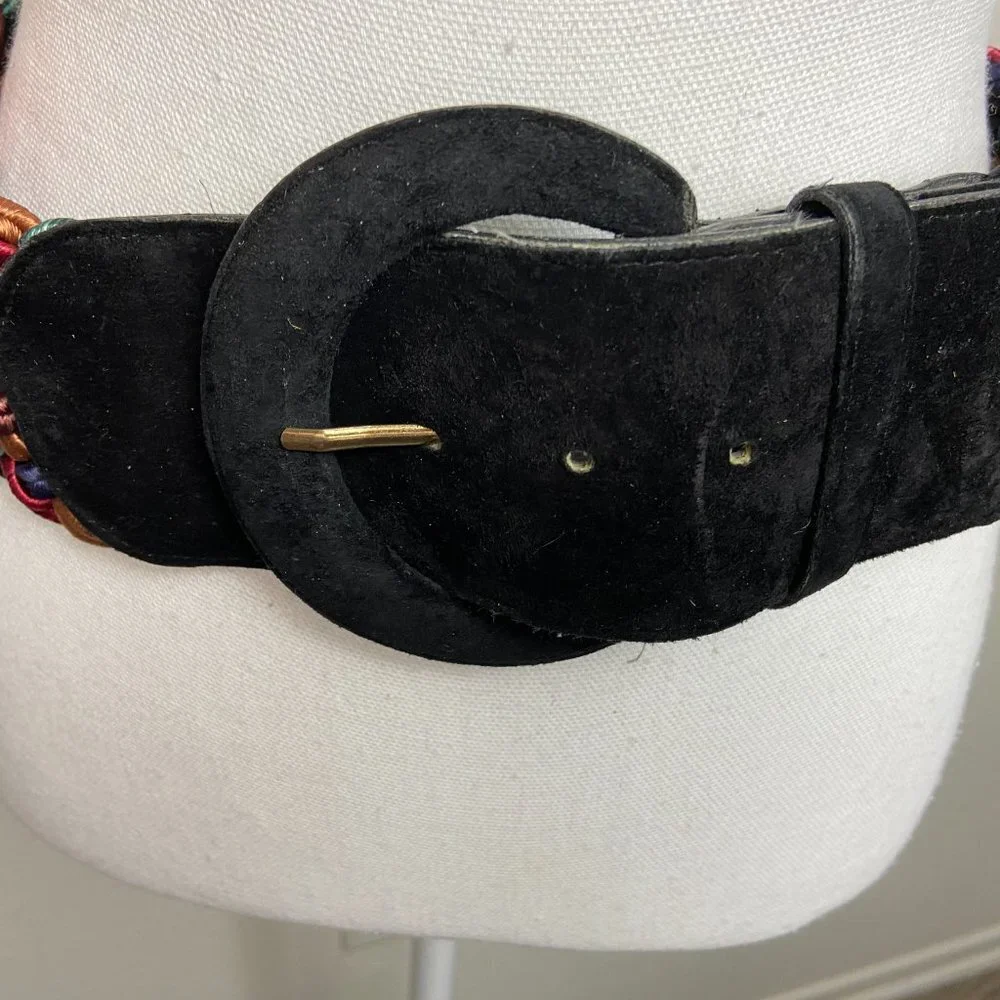 Vintage 80s/90s Wide Braided Belt Leather & Rayon Stretchy Size M